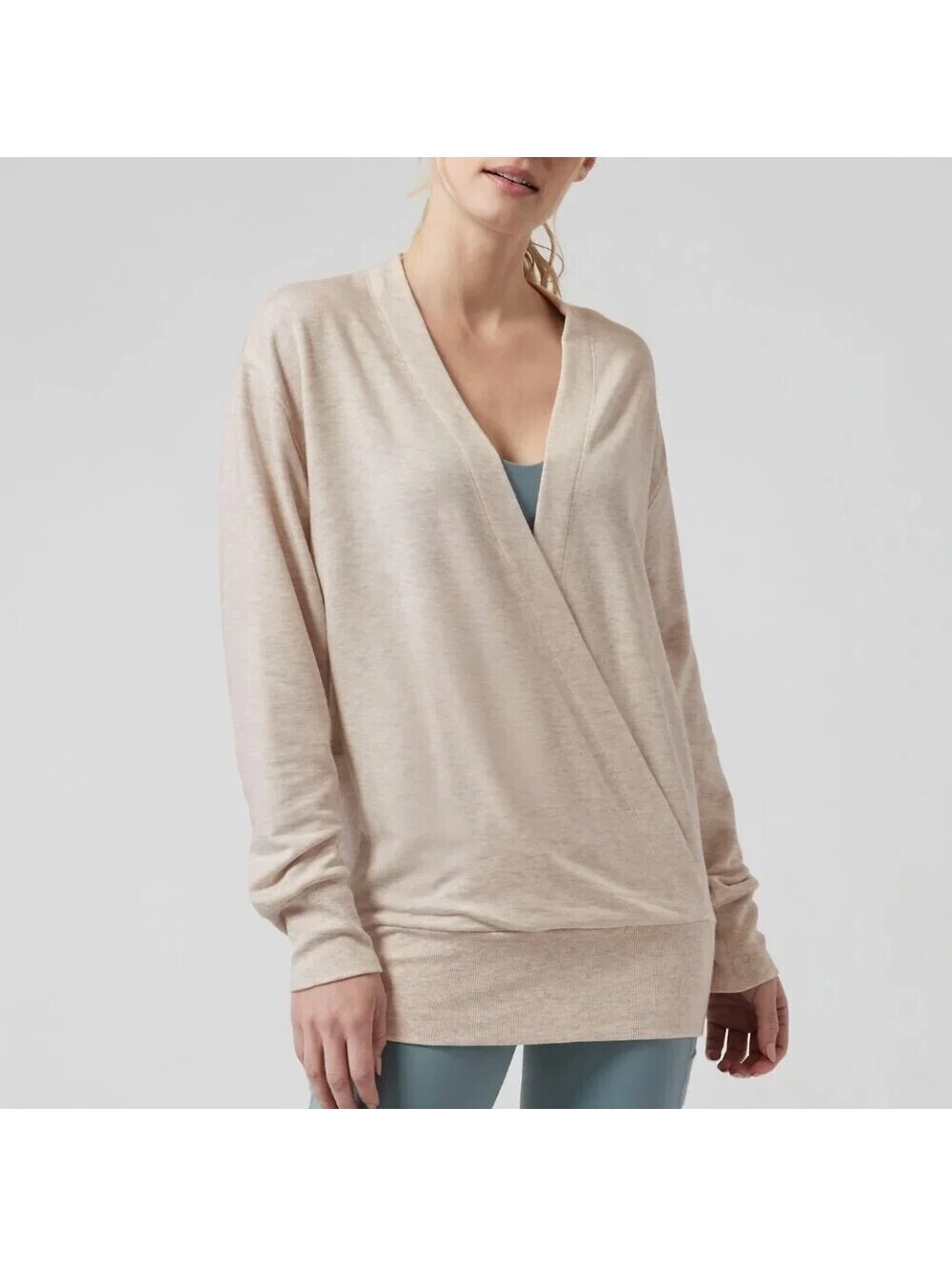 Athleta Purana V-Neck Wrap Sweatshirt Heather Oatmeal S